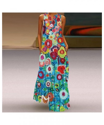 Summer Dresses for Women Floral Print Maxi Dress with Pockets Long Dress Sleeveless Sundress Blue $11.39 Activewear