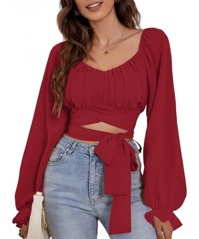 Women's Ruched Wrap Square Neck Flounce Long Sleeve Self Tie Crop Top Blouse Solid Red $13.44 Blouses