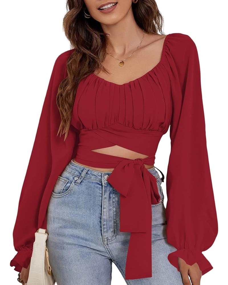 Women's Ruched Wrap Square Neck Flounce Long Sleeve Self Tie Crop Top Blouse Solid Red $13.44 Blouses