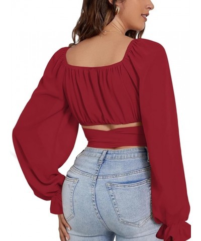 Women's Ruched Wrap Square Neck Flounce Long Sleeve Self Tie Crop Top Blouse Solid Red $13.44 Blouses