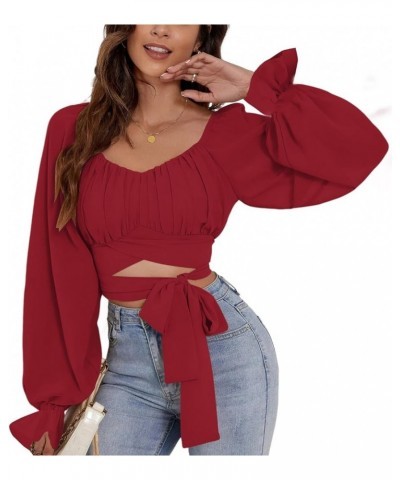 Women's Ruched Wrap Square Neck Flounce Long Sleeve Self Tie Crop Top Blouse Solid Red $13.44 Blouses