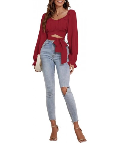 Women's Ruched Wrap Square Neck Flounce Long Sleeve Self Tie Crop Top Blouse Solid Red $13.44 Blouses