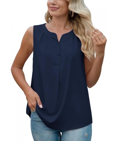 Women's Summer Sleeveless Chiffon Tank Tops Blouses Work Casual V Neck Button Blouses Shirts Tops Navy Blue $15.11 Tanks