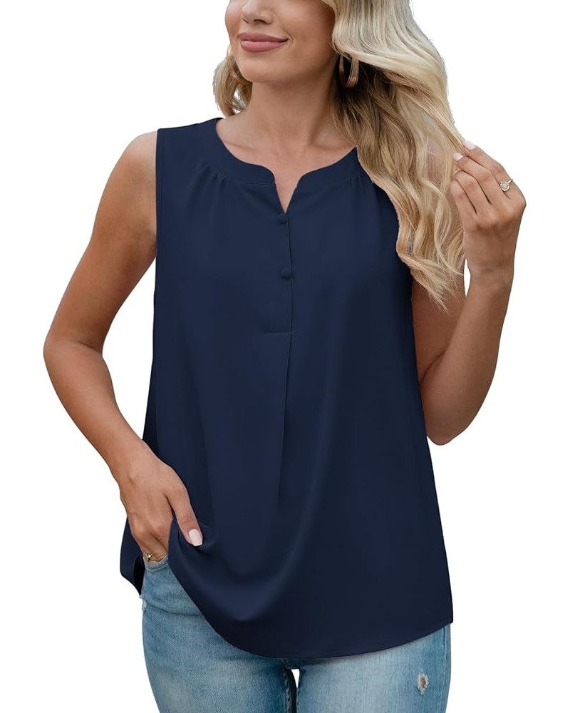 Women's Summer Sleeveless Chiffon Tank Tops Blouses Work Casual V Neck Button Blouses Shirts Tops Navy Blue $15.11 Tanks