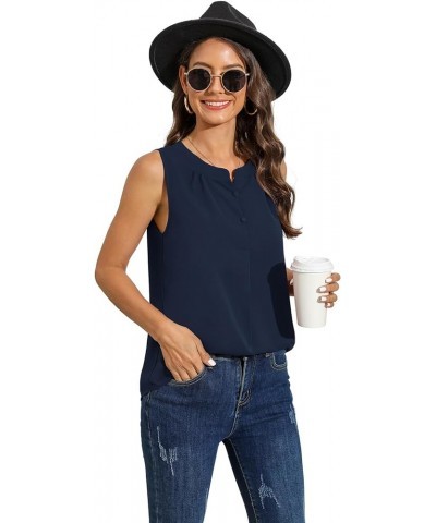 Women's Summer Sleeveless Chiffon Tank Tops Blouses Work Casual V Neck Button Blouses Shirts Tops Navy Blue $15.11 Tanks