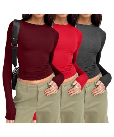 Womens 3 Piece Long Sleeve Shirts Basic Crop Tops Going Out Fall Fashion Underscrubs Layer Slim Fit Y2K Tops Tees 3pcs-02-win...