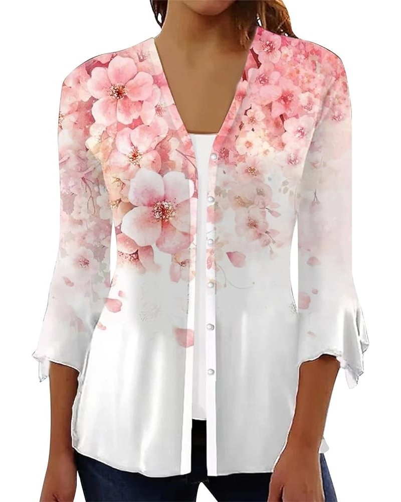 Kimonos for Women 3/4 Bell Sleeve Button-Down Front Beach Cover Up Bohemian Floral Printed Bolero Shrug Cardigan 13pink $10.9...