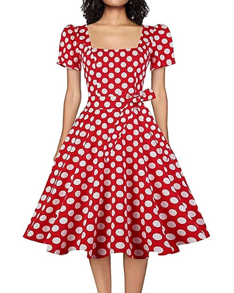 Women's Square Neck Dress Vintage 1950s Cocktail Party Dress with Puff Sleeves Red White Dots $13.02 Dresses