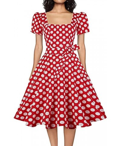 Women's Square Neck Dress Vintage 1950s Cocktail Party Dress with Puff Sleeves Red White Dots $13.02 Dresses