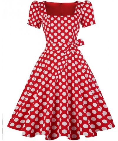 Women's Square Neck Dress Vintage 1950s Cocktail Party Dress with Puff Sleeves Red White Dots $13.02 Dresses