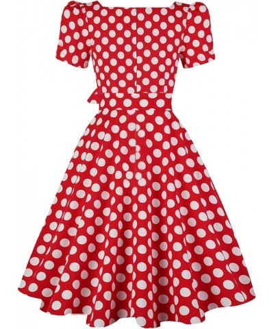 Women's Square Neck Dress Vintage 1950s Cocktail Party Dress with Puff Sleeves Red White Dots $13.02 Dresses