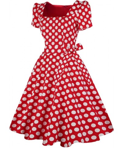 Women's Square Neck Dress Vintage 1950s Cocktail Party Dress with Puff Sleeves Red White Dots $13.02 Dresses