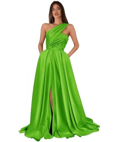 One Shoulder Prom Dresses for Women 2024 Long Slit Satin Ball Gown Formal Evening Gowns with Pockets Lime Green $38.22 Dresses