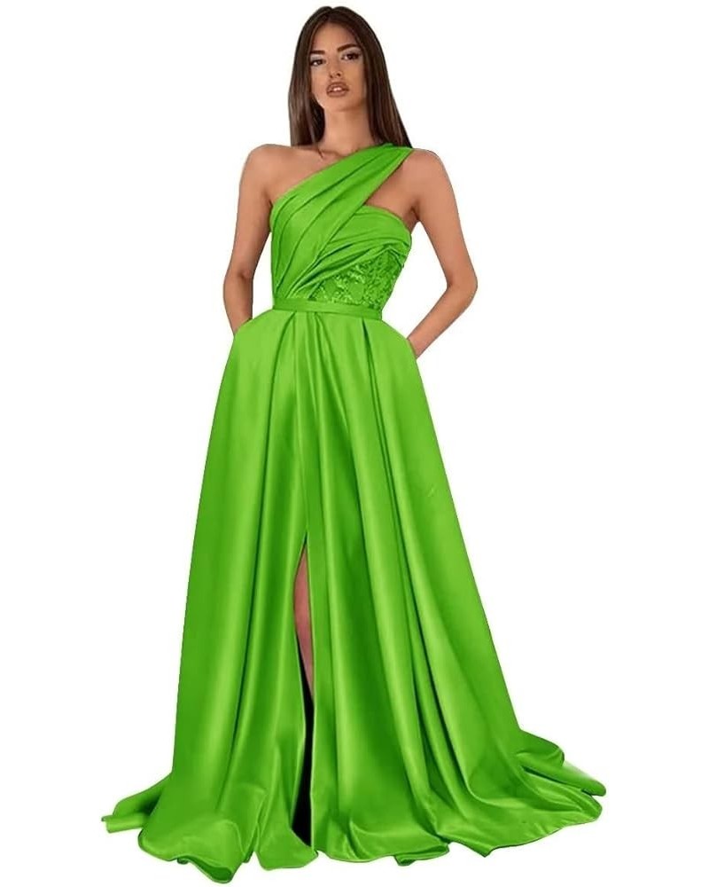 One Shoulder Prom Dresses for Women 2024 Long Slit Satin Ball Gown Formal Evening Gowns with Pockets Lime Green $38.22 Dresses