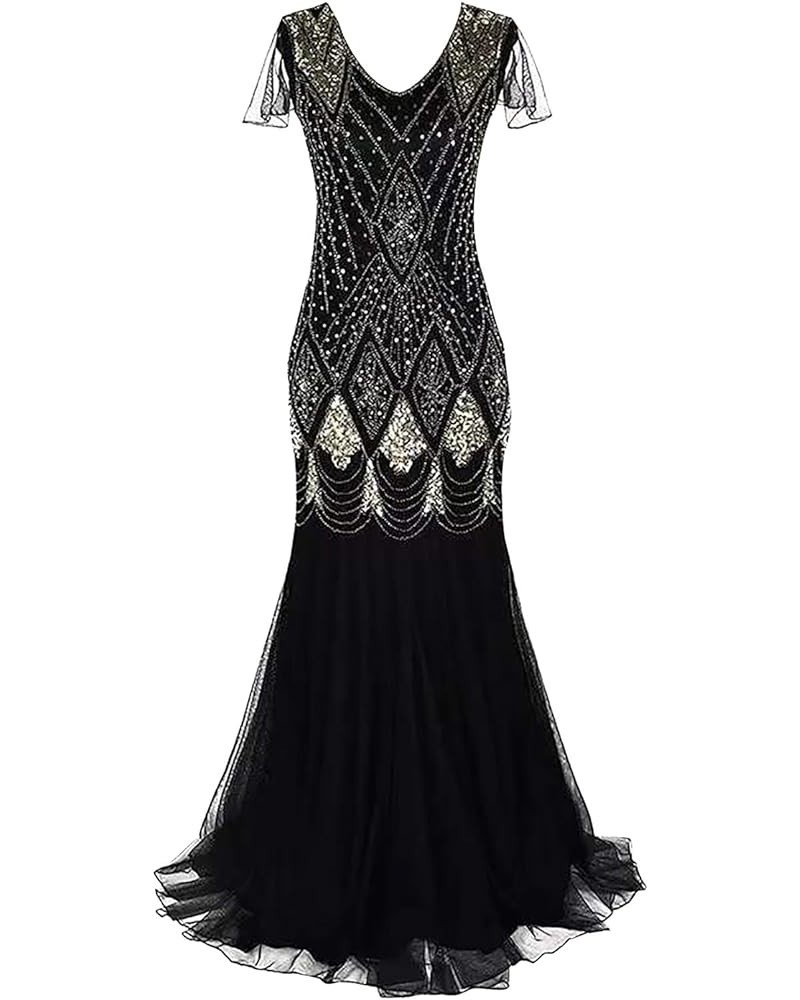 Womens Sequin Long Fit and Flare Evening Maxi Dress Embroidery V-Neck Short Sleeve1920s Flapper Cocktail Mermaid Formal Gown ...