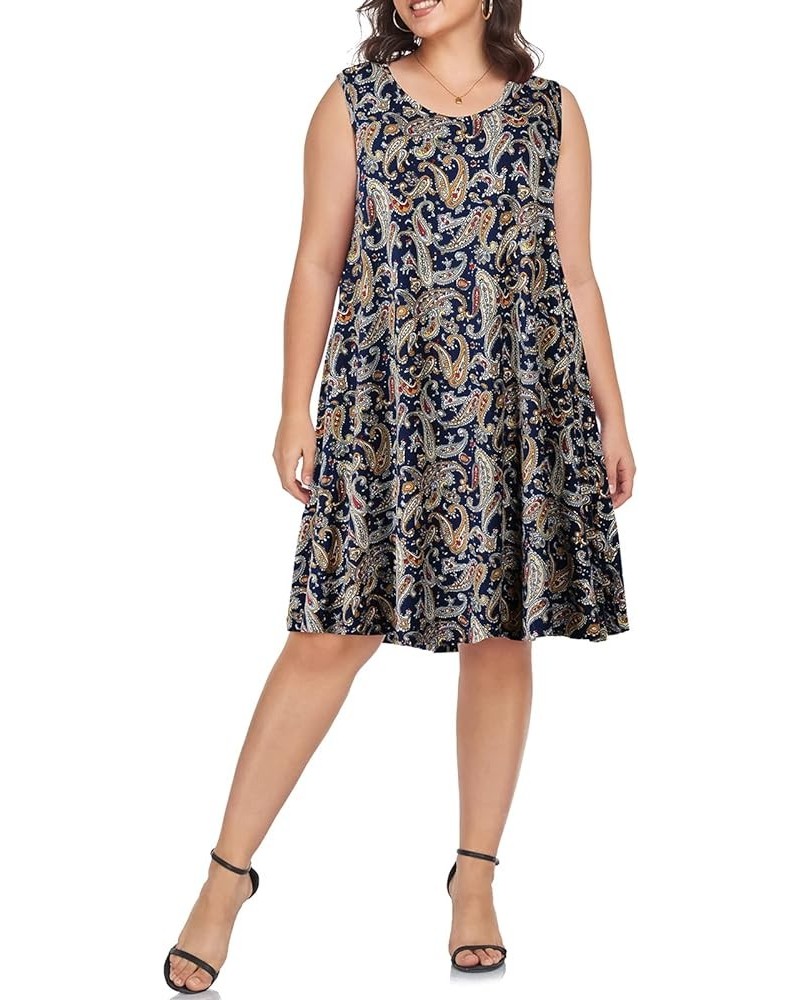 Women's Swing Sundress Causal Sleeveless Plus Size Summer T-Shirt Tank Dress with Pockets Blue Paisley Floral $15.36 Dresses