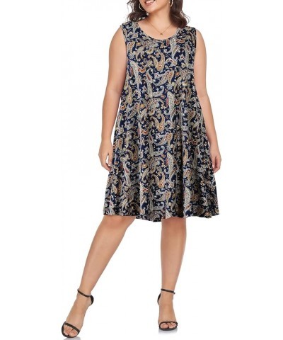 Women's Swing Sundress Causal Sleeveless Plus Size Summer T-Shirt Tank Dress with Pockets Blue Paisley Floral $15.36 Dresses