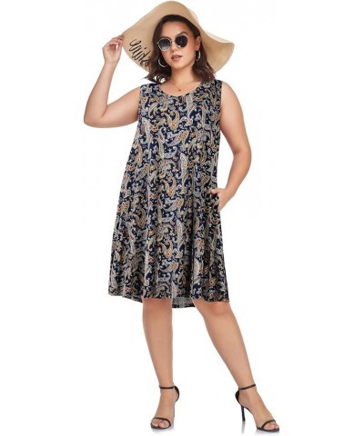 Women's Swing Sundress Causal Sleeveless Plus Size Summer T-Shirt Tank Dress with Pockets Blue Paisley Floral $15.36 Dresses