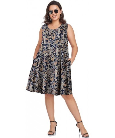 Women's Swing Sundress Causal Sleeveless Plus Size Summer T-Shirt Tank Dress with Pockets Blue Paisley Floral $15.36 Dresses