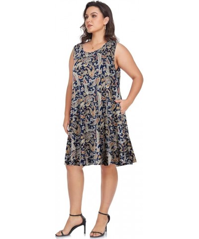 Women's Swing Sundress Causal Sleeveless Plus Size Summer T-Shirt Tank Dress with Pockets Blue Paisley Floral $15.36 Dresses