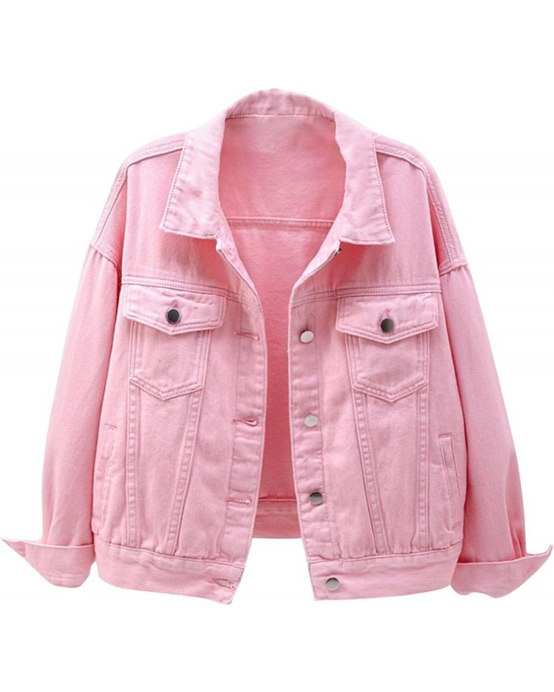 Denim Jacket For Women Stretch Soild Color Long Sleeve Button Down Short Jean Jacket Oversized Lapel Coat With Pockets Pink $...