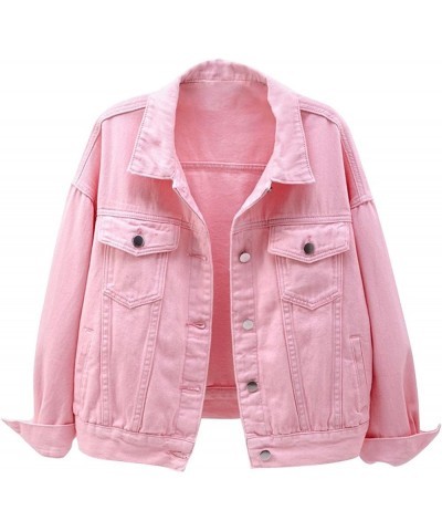 Denim Jacket For Women Stretch Soild Color Long Sleeve Button Down Short Jean Jacket Oversized Lapel Coat With Pockets Pink $...