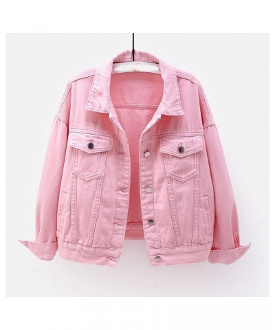 Denim Jacket For Women Stretch Soild Color Long Sleeve Button Down Short Jean Jacket Oversized Lapel Coat With Pockets Pink $...