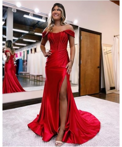 Off Shoulder Lace Appliques Satin Prom Mermaid Dresses for Women 2024 Long Split Formal Evening Gown CM263 Hot Pink $38.25 Dr...