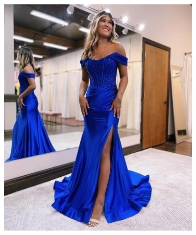 Off Shoulder Lace Appliques Satin Prom Mermaid Dresses for Women 2024 Long Split Formal Evening Gown CM263 Hot Pink $38.25 Dr...