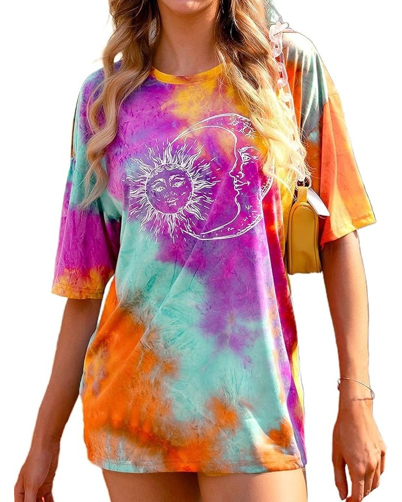 Women Sun and Moon Tie Dye T-Shirt Round Neck Short Sleeve Top Casual Funny Cute Teen Girl Tee Darkorange $6.23 T-Shirts