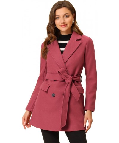 Women's Notch Lapel Double Breasted Belted Mid Long Outwear Winter Coat Watermelon Red $36.90 Coats