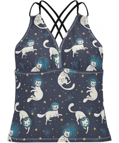 Bohemian Sea Turtle Tankini Tops for Women, Swimsuits Tops Tummy Control Swim Tank Tops Cute White Cat Astronaut Floating in ...