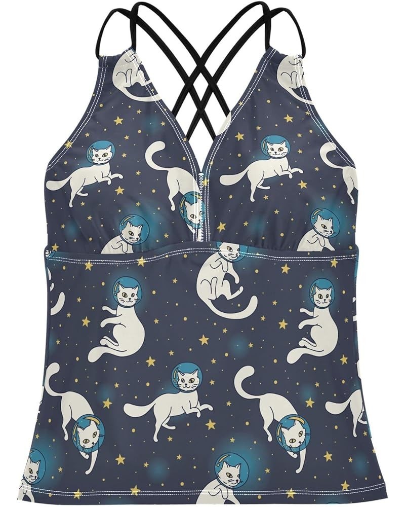 Bohemian Sea Turtle Tankini Tops for Women, Swimsuits Tops Tummy Control Swim Tank Tops Cute White Cat Astronaut Floating in ...