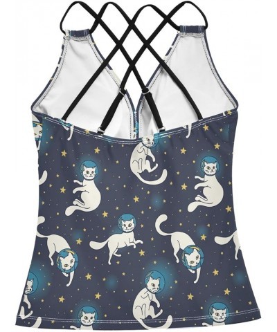 Bohemian Sea Turtle Tankini Tops for Women, Swimsuits Tops Tummy Control Swim Tank Tops Cute White Cat Astronaut Floating in ...