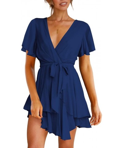 Women's Dress Deep V-Neck Long Sleeve Waist Tie Ruffle Mini Swing Skater Dresses Z_20 Navy $26.99 Dresses