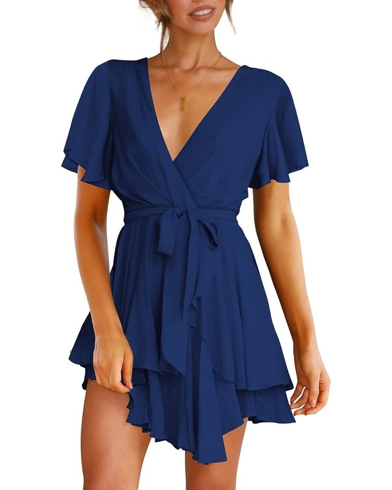 Women's Dress Deep V-Neck Long Sleeve Waist Tie Ruffle Mini Swing Skater Dresses Z_20 Navy $26.99 Dresses