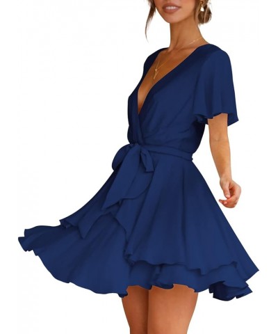 Women's Dress Deep V-Neck Long Sleeve Waist Tie Ruffle Mini Swing Skater Dresses Z_20 Navy $26.99 Dresses