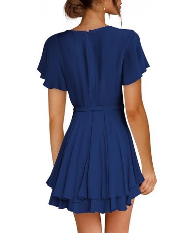 Women's Dress Deep V-Neck Long Sleeve Waist Tie Ruffle Mini Swing Skater Dresses Z_20 Navy $26.99 Dresses