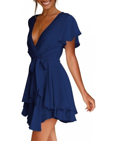 Women's Dress Deep V-Neck Long Sleeve Waist Tie Ruffle Mini Swing Skater Dresses Z_20 Navy $26.99 Dresses