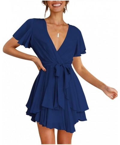 Women's Dress Deep V-Neck Long Sleeve Waist Tie Ruffle Mini Swing Skater Dresses Z_20 Navy $26.99 Dresses