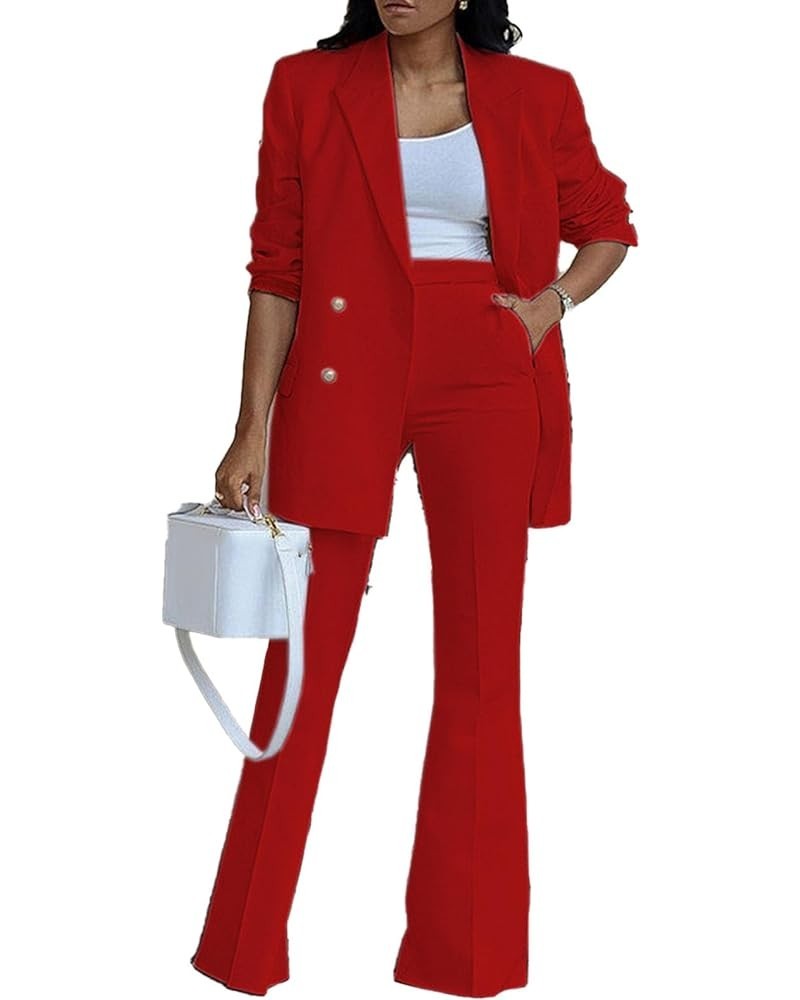 Women 2 Pieces Lapel Collar Blazer with Wide Leg Work Pants Casual Plain Color Business Office Suit Set Red $18.37 Suits