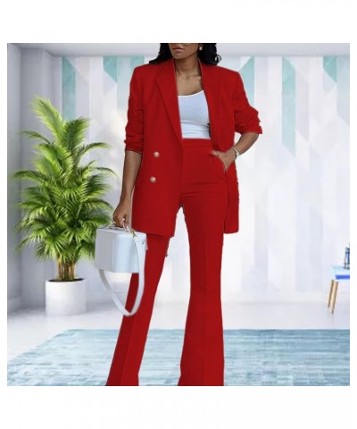 Women 2 Pieces Lapel Collar Blazer with Wide Leg Work Pants Casual Plain Color Business Office Suit Set Red $18.37 Suits