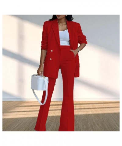 Women 2 Pieces Lapel Collar Blazer with Wide Leg Work Pants Casual Plain Color Business Office Suit Set Red $18.37 Suits