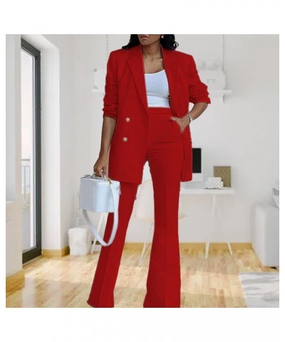 Women 2 Pieces Lapel Collar Blazer with Wide Leg Work Pants Casual Plain Color Business Office Suit Set Red $18.37 Suits