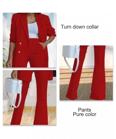 Women 2 Pieces Lapel Collar Blazer with Wide Leg Work Pants Casual Plain Color Business Office Suit Set Red $18.37 Suits