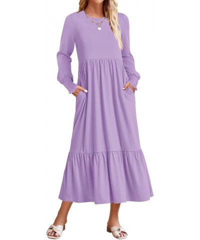 Women's 2024 Long Sleeve Dress Crewneck Casual Loose Pleated Tiered Swing Maxi Dresses with Pockets Purple $26.99 Dresses