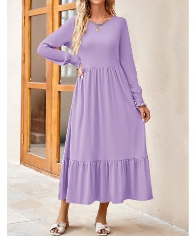 Women's 2024 Long Sleeve Dress Crewneck Casual Loose Pleated Tiered Swing Maxi Dresses with Pockets Purple $26.99 Dresses