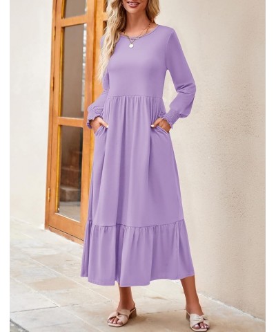 Women's 2024 Long Sleeve Dress Crewneck Casual Loose Pleated Tiered Swing Maxi Dresses with Pockets Purple $26.99 Dresses