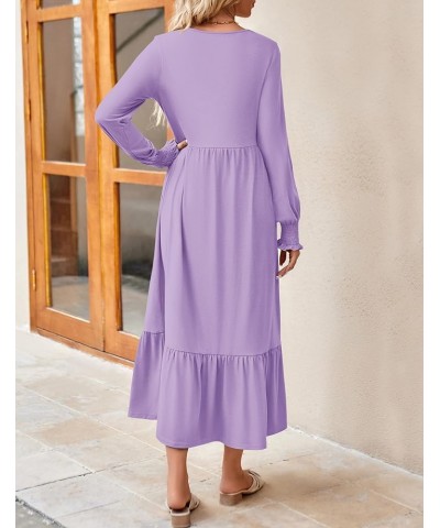 Women's 2024 Long Sleeve Dress Crewneck Casual Loose Pleated Tiered Swing Maxi Dresses with Pockets Purple $26.99 Dresses