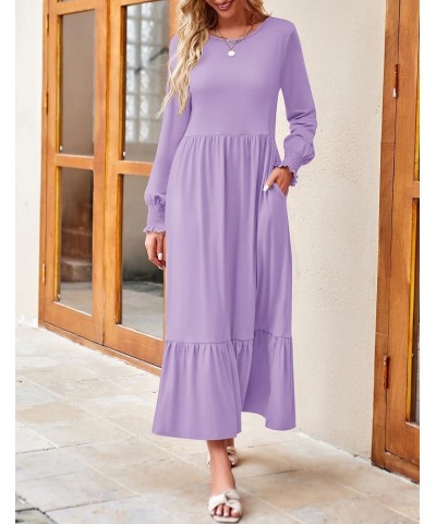 Women's 2024 Long Sleeve Dress Crewneck Casual Loose Pleated Tiered Swing Maxi Dresses with Pockets Purple $26.99 Dresses